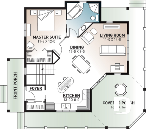 1st level - Wraparound porch, waterfront cottage house plan, master bedroom on main floor, open layout, walkout basement - The Trail Seeker 2