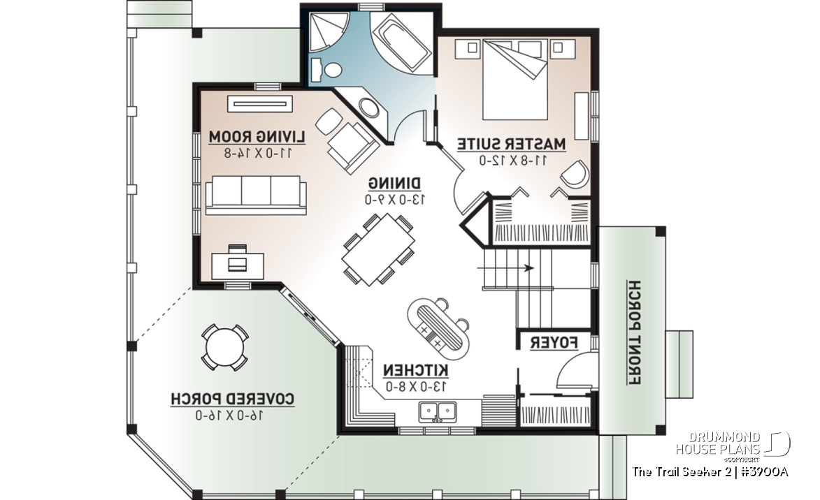 1st level - Wraparound porch, waterfront cottage house plan, master bedroom on main floor, open layout, walkout basement - The Trail Seeker 2