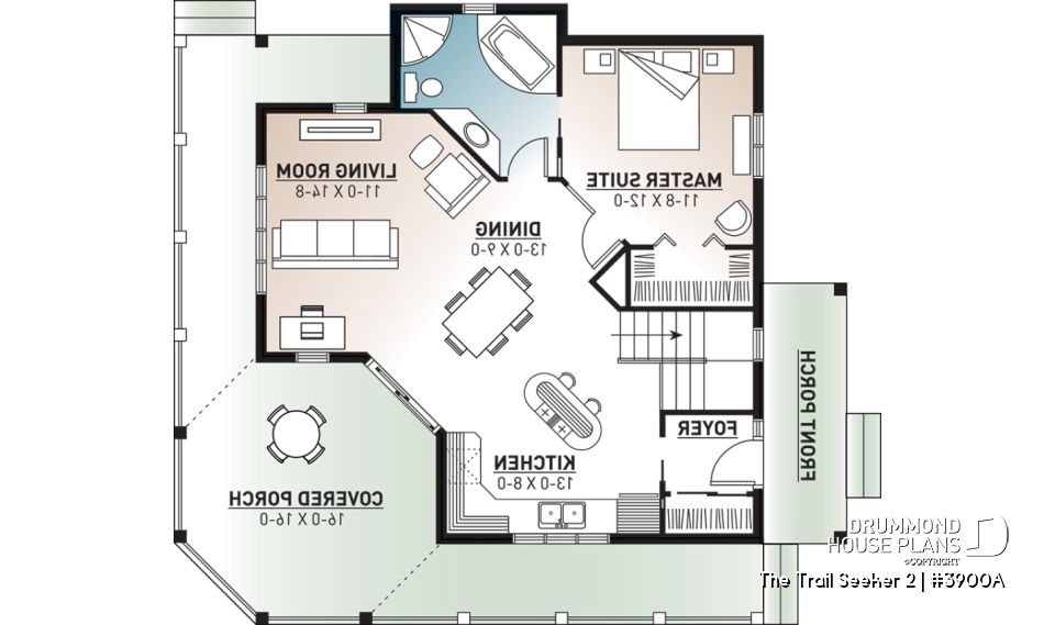 1st level - Wraparound porch, waterfront cottage house plan, master bedroom on main floor, open layout, walkout basement - The Trail Seeker 2
