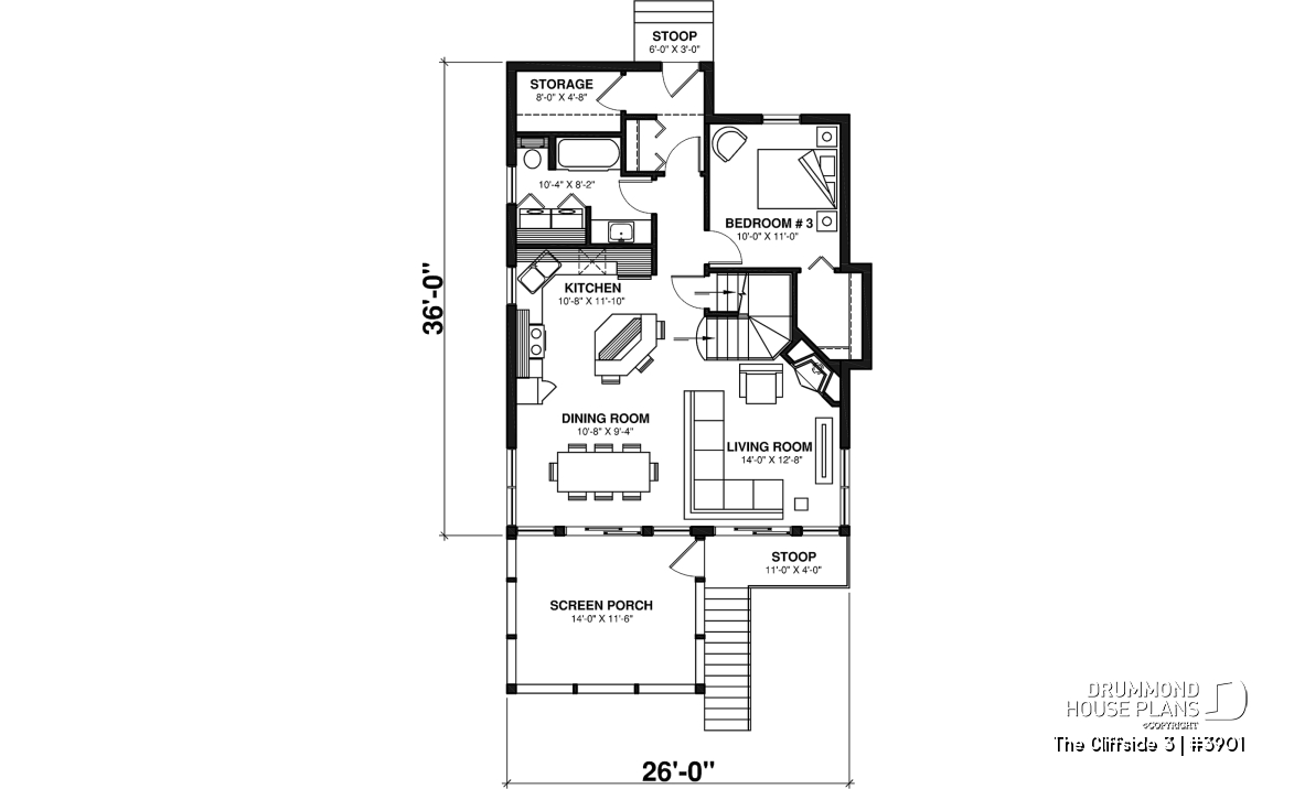 1st level - Cottage house plan with screened-in porch, 3 bedrooms, panoramic view, open floor plan, fireplace - The Cliffside 3