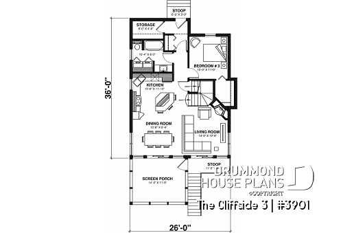 1st level - Cottage house plan with screened-in porch, 3 bedrooms, panoramic view, open floor plan, fireplace - The Cliffside 3