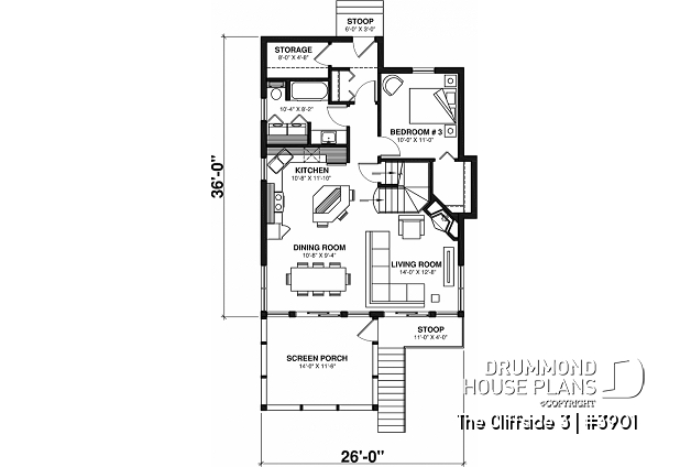 1st level - Cottage house plan with screened-in porch, 3 bedrooms, panoramic view, open floor plan, fireplace - The Cliffside 3