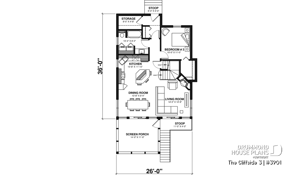 1st level - Cottage house plan with screened-in porch, 3 bedrooms, panoramic view, open floor plan, fireplace - The Cliffside 3