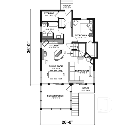 1st level - Cottage house plan with screened-in porch, 3 bedrooms, panoramic view, open floor plan, fireplace - The Cliffside 3
