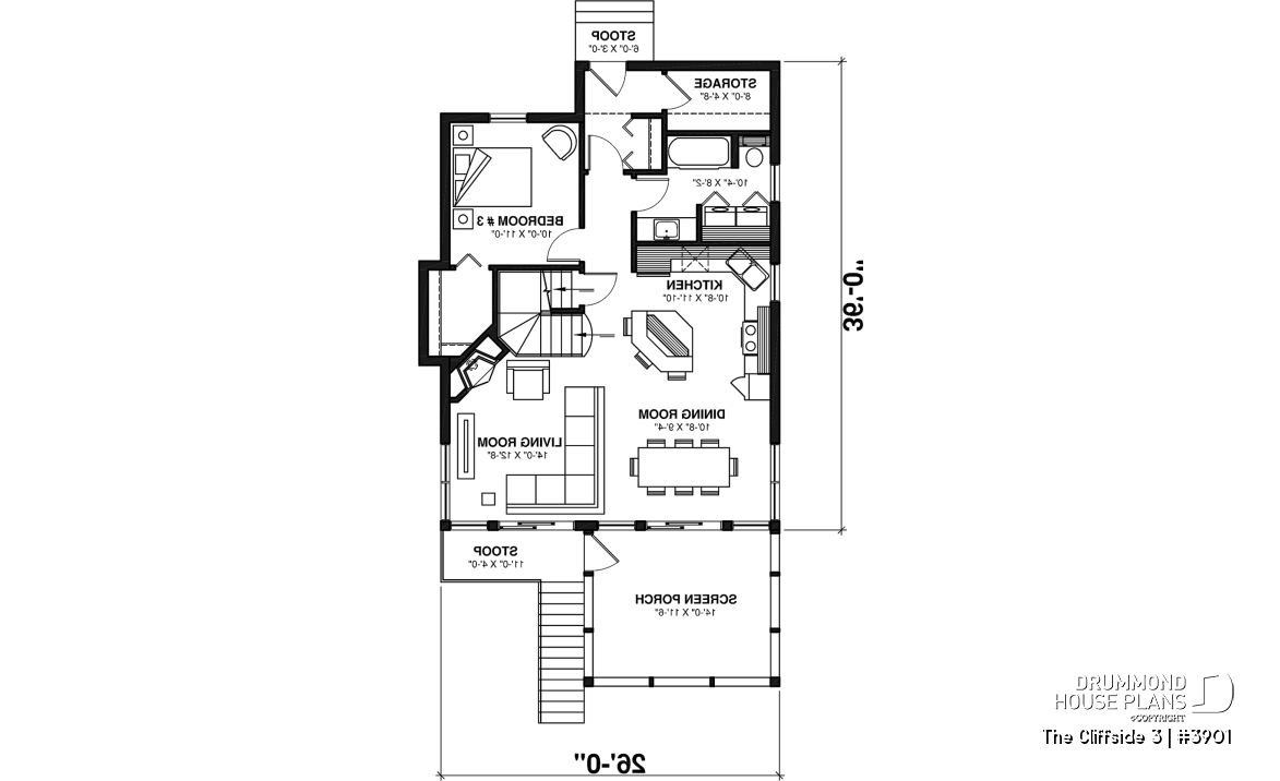 1st level - Cottage house plan with screened-in porch, 3 bedrooms, panoramic view, open floor plan, fireplace - The Cliffside 3