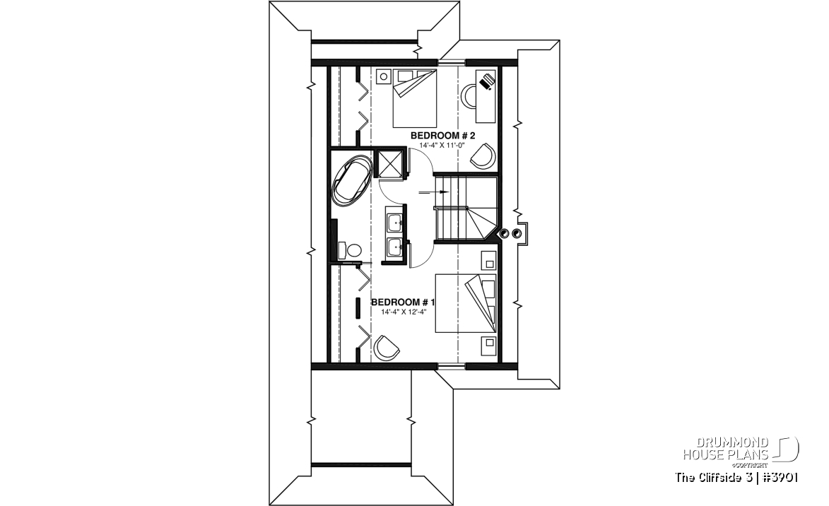 2nd level - Cottage house plan with screened-in porch, 3 bedrooms, panoramic view, open floor plan, fireplace - The Cliffside 3