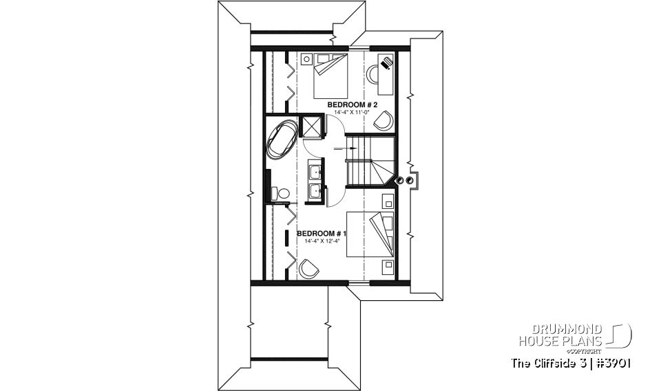 2nd level - Cottage house plan with screened-in porch, 3 bedrooms, panoramic view, open floor plan, fireplace - The Cliffside 3