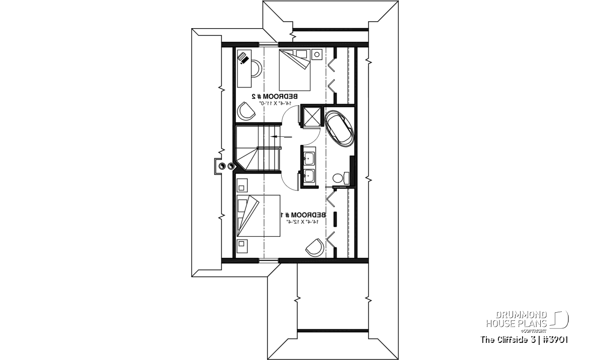 2nd level - Cottage house plan with screened-in porch, 3 bedrooms, panoramic view, open floor plan, fireplace - The Cliffside 3
