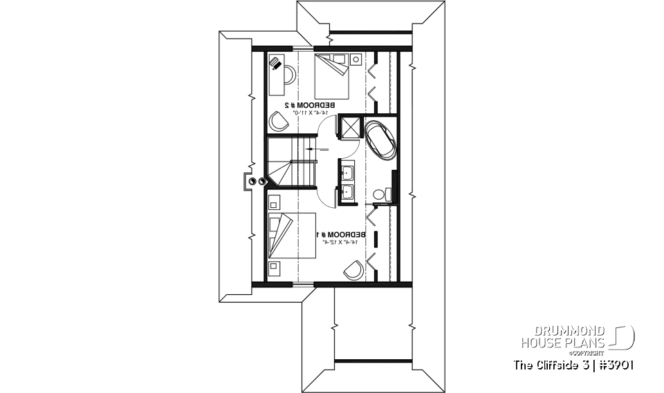 2nd level - Cottage house plan with screened-in porch, 3 bedrooms, panoramic view, open floor plan, fireplace - The Cliffside 3