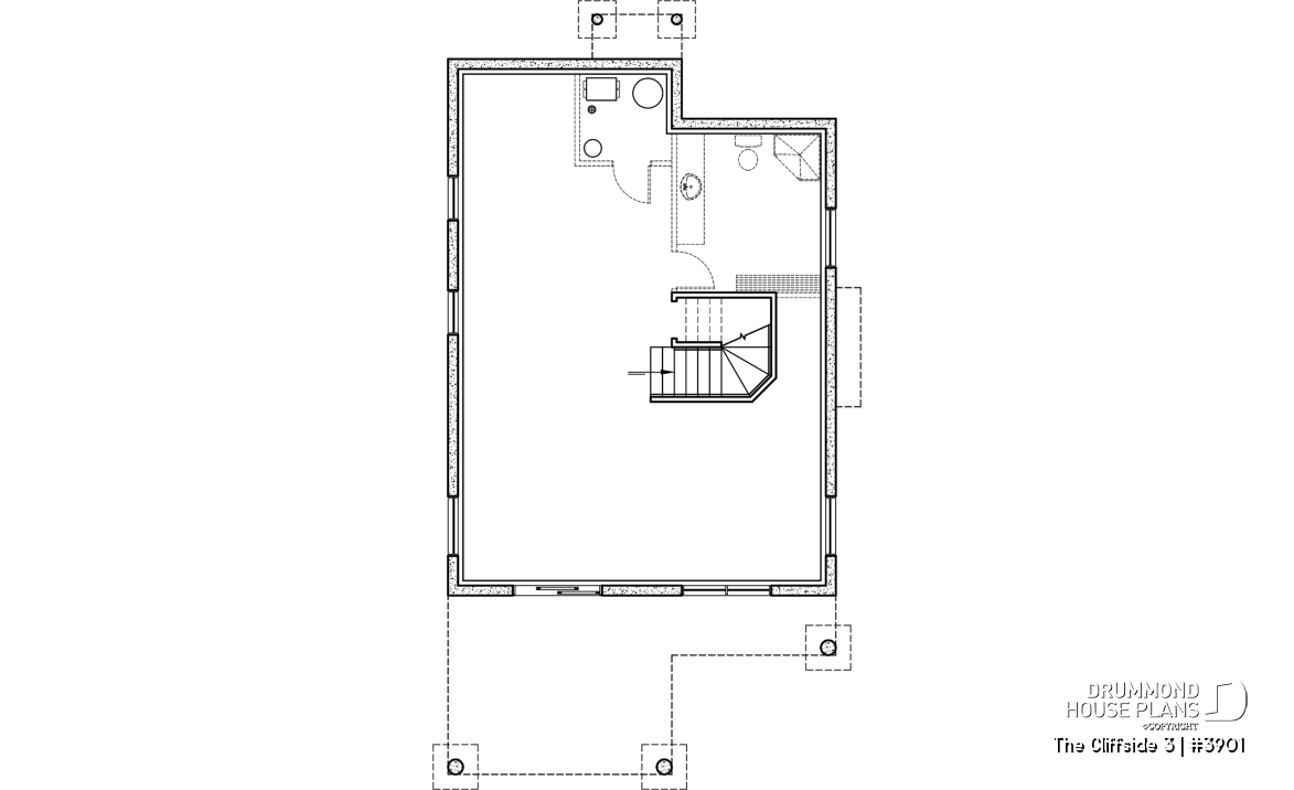 Basement - Cottage house plan with screened-in porch, 3 bedrooms, panoramic view, open floor plan, fireplace - The Cliffside 3