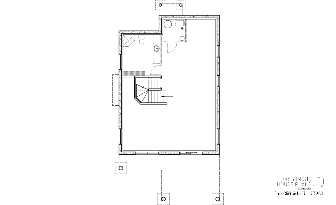 Basement - Cottage house plan with screened-in porch, 3 bedrooms, panoramic view, open floor plan, fireplace - The Cliffside 3