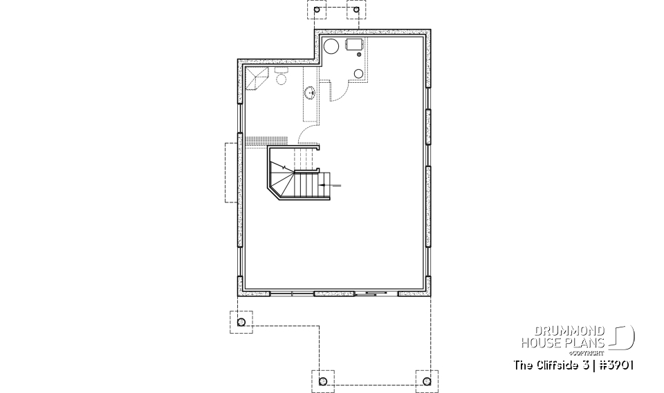 Basement - Cottage house plan with screened-in porch, 3 bedrooms, panoramic view, open floor plan, fireplace - The Cliffside 3