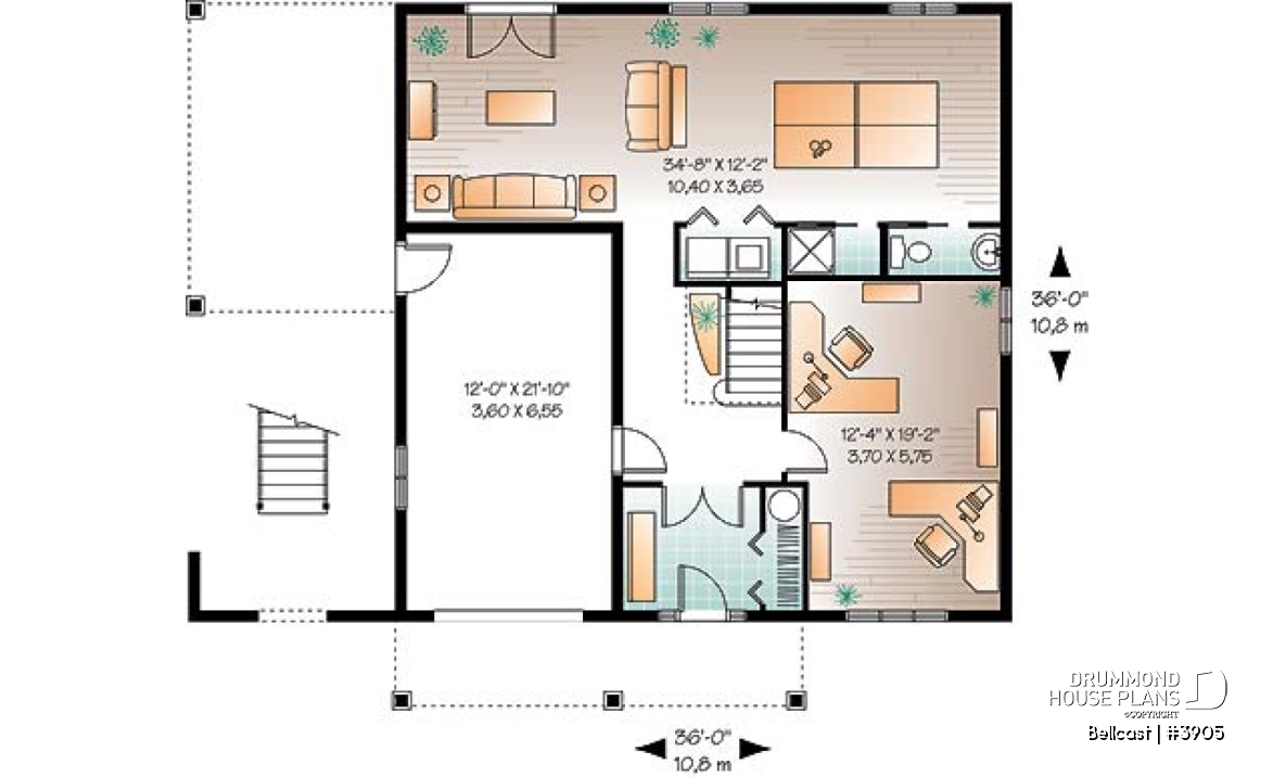 1st level - Reverse floor plan waterfront chalet house plan with 3 to 4 bedrooms, open floor  plan  layout on second floor - Bellcast