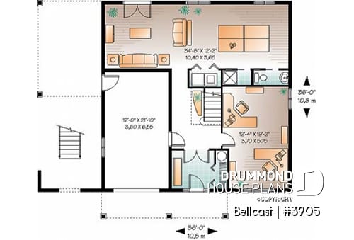 1st level - Reverse floor plan waterfront chalet house plan with 3 to 4 bedrooms, open floor  plan  layout on second floor - Bellcast