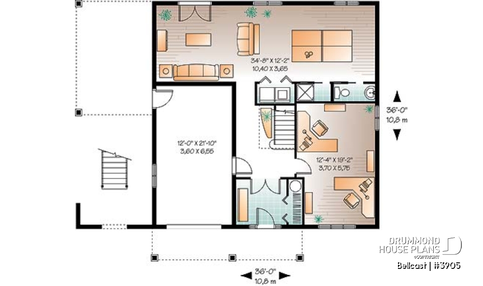 1st level - Reverse floor plan waterfront chalet house plan with 3 to 4 bedrooms, open floor  plan  layout on second floor - Bellcast