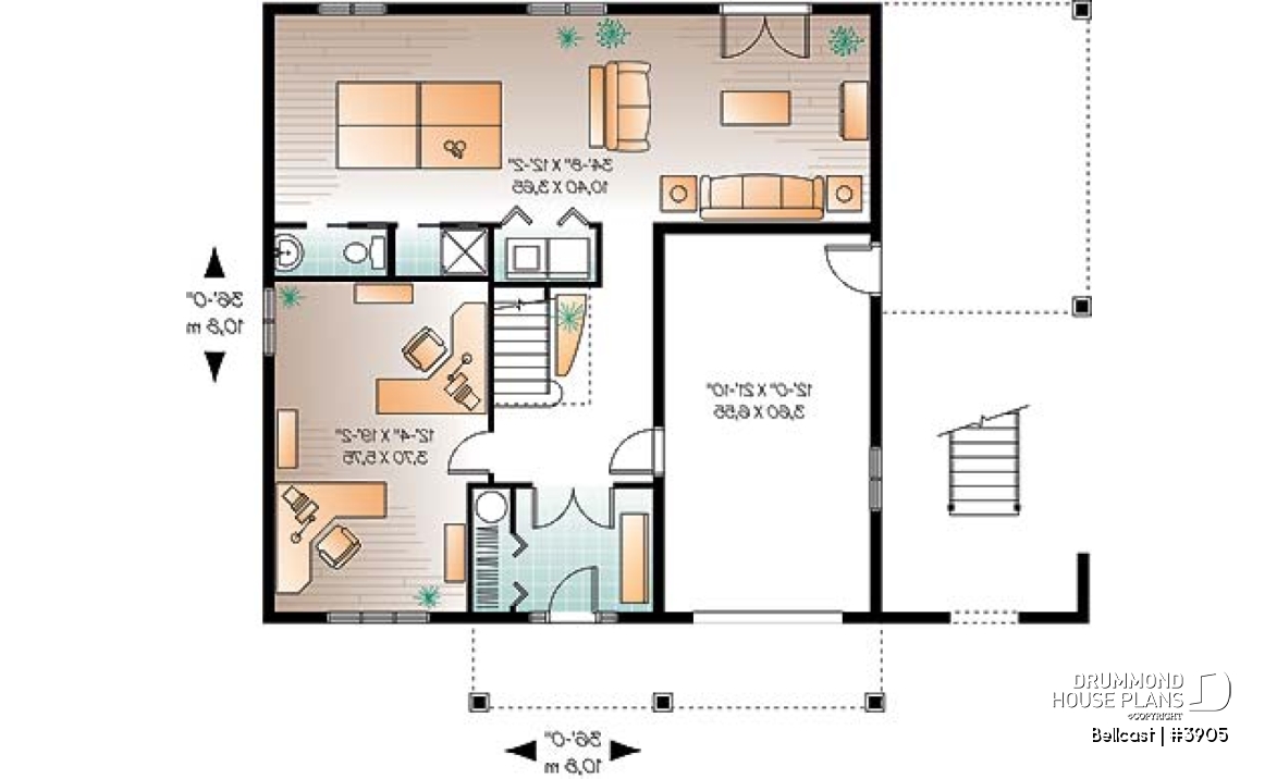 1st level - Reverse floor plan waterfront chalet house plan with 3 to 4 bedrooms, open floor  plan  layout on second floor - Bellcast