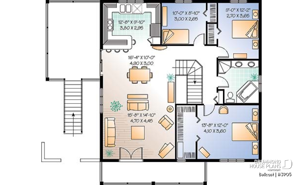 2nd level - Reverse floor plan waterfront chalet house plan with 3 to 4 bedrooms, open floor  plan  layout on second floor - Bellcast