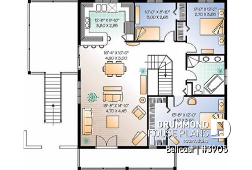2nd level - Reverse floor plan waterfront chalet house plan with 3 to 4 bedrooms, open floor  plan  layout on second floor - Bellcast