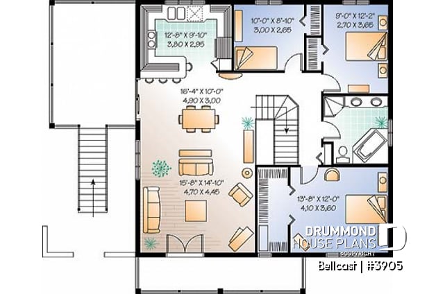 2nd level - Reverse floor plan waterfront chalet house plan with 3 to 4 bedrooms, open floor  plan  layout on second floor - Bellcast