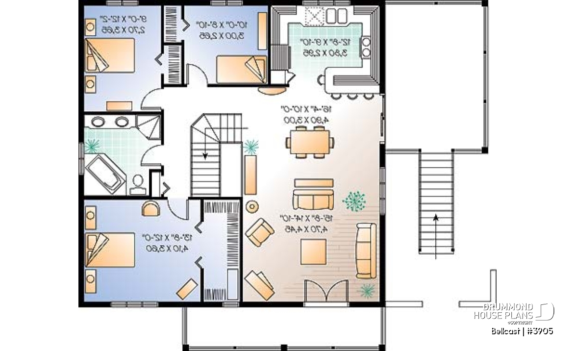 2nd level - Reverse floor plan waterfront chalet house plan with 3 to 4 bedrooms, open floor  plan  layout on second floor - Bellcast