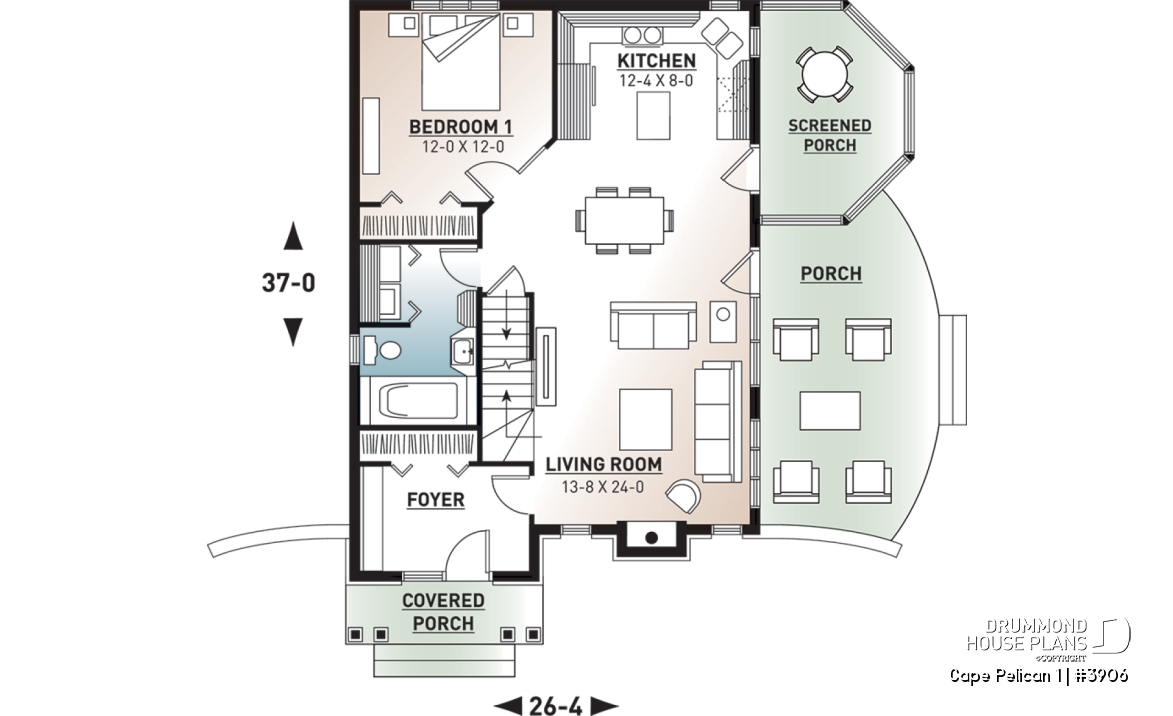1st level - 4-season cottage style houseplan, 3 bedrooms, 2 bathrooms, fireplace - Cape Pelican 1