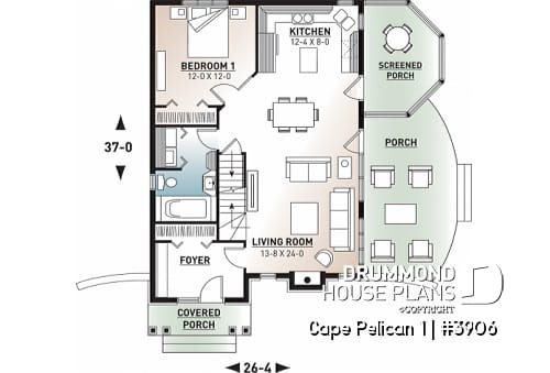 1st level - 4-season cottage style houseplan, 3 bedrooms, 2 bathrooms, fireplace - Cape Pelican 1