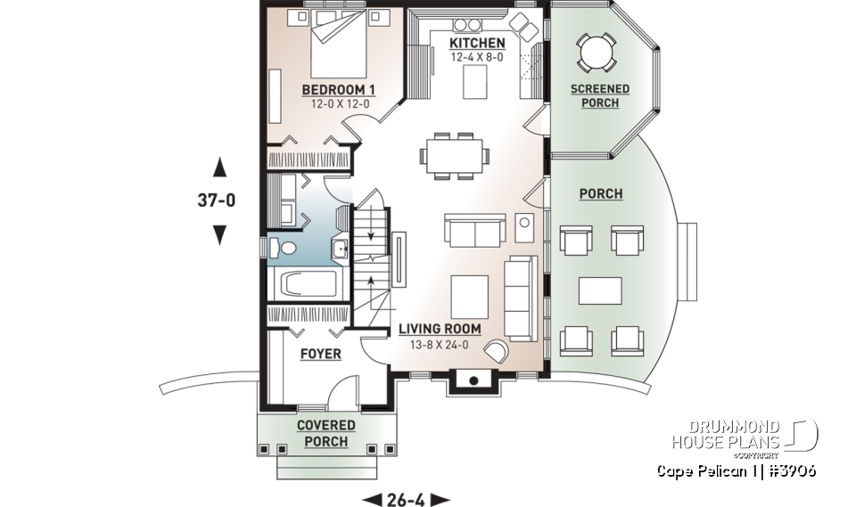 1st level - 4-season cottage style houseplan, 3 bedrooms, 2 bathrooms, fireplace - Cape Pelican 1