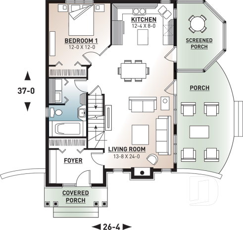 1st level - 4-season cottage style houseplan, 3 bedrooms, 2 bathrooms, fireplace - Cape Pelican 1