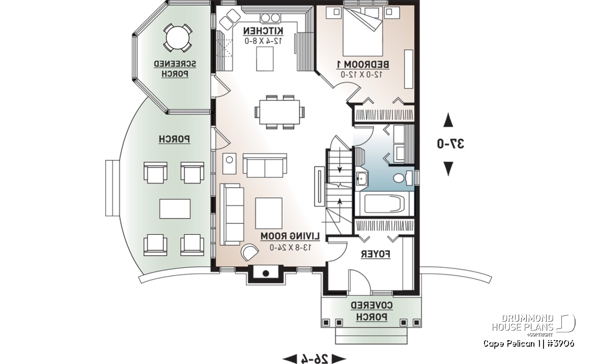 1st level - 4-season cottage style houseplan, 3 bedrooms, 2 bathrooms, fireplace - Cape Pelican 1