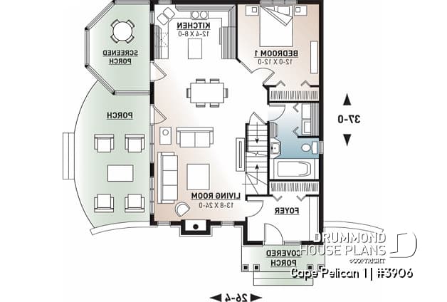 1st level - 4-season cottage style houseplan, 3 bedrooms, 2 bathrooms, fireplace - Cape Pelican 1