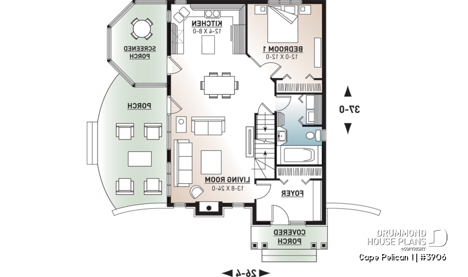 1st level - 4-season cottage style houseplan, 3 bedrooms, 2 bathrooms, fireplace - Cape Pelican 1