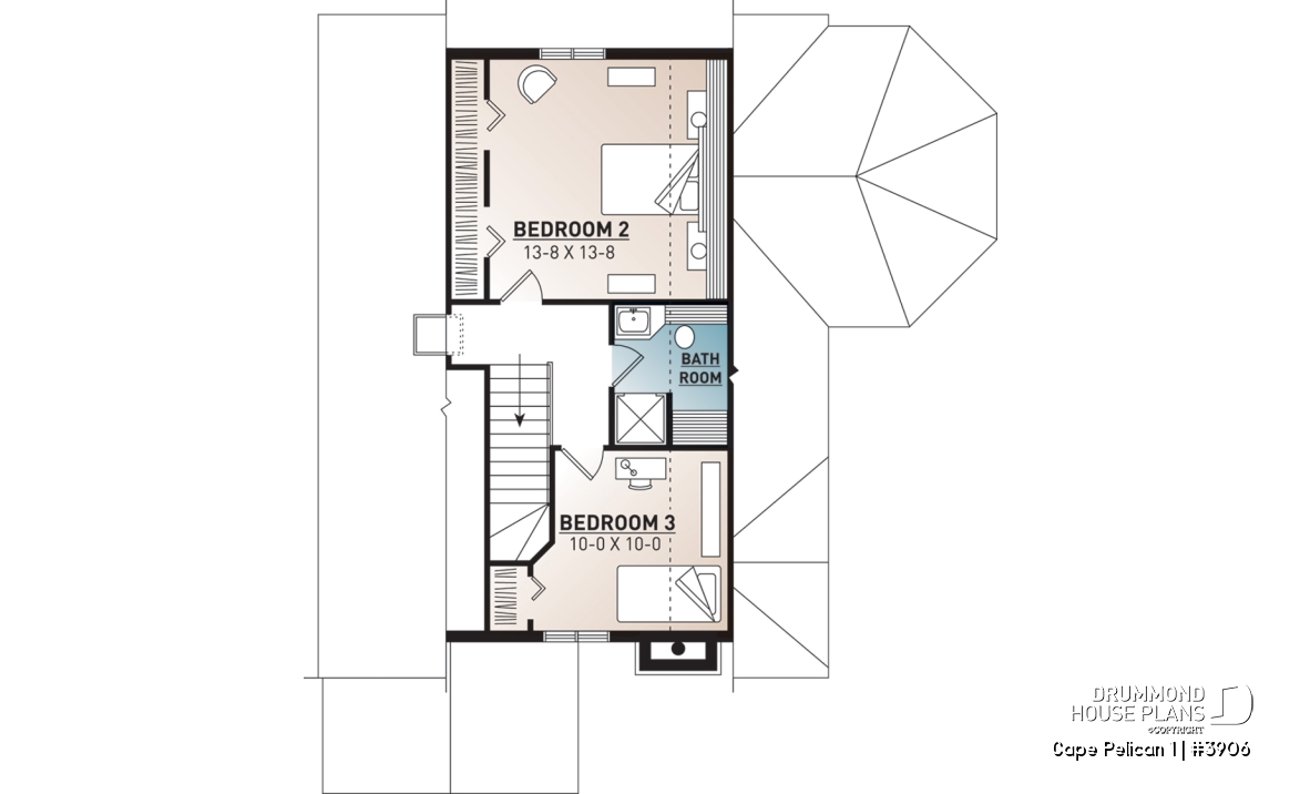 2nd level - 4-season cottage style houseplan, 3 bedrooms, 2 bathrooms, fireplace - Cape Pelican 1