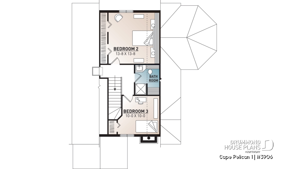2nd level - 4-season cottage style houseplan, 3 bedrooms, 2 bathrooms, fireplace - Cape Pelican 1
