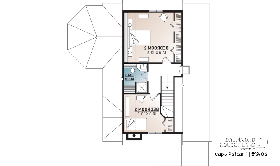 2nd level - 4-season cottage style houseplan, 3 bedrooms, 2 bathrooms, fireplace - Cape Pelican 1