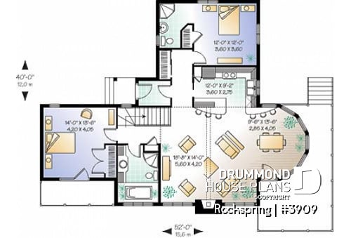 1st level - Chalet house plan with 2 bedrooms, master bedroom with private balcony, lots of natural light - Rockspring