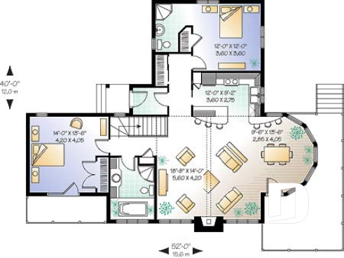 1st level - Chalet house plan with 2 bedrooms, master bedroom with private balcony, lots of natural light - Rockspring