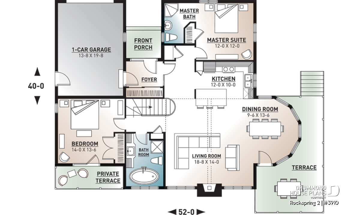 1st level - Cottage style house plan with 2+ bedrooms, great open layout, garage, cathedral ceiling - Rockspring 2