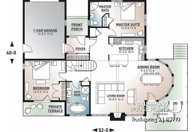 1st level - Cottage style house plan with 2+ bedrooms, great open layout, garage, cathedral ceiling - Rockspring 2