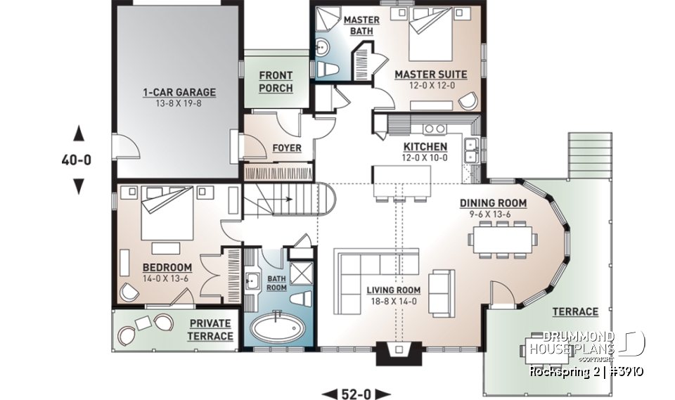 1st level - Cottage style house plan with 2+ bedrooms, great open layout, garage, cathedral ceiling - Rockspring 2