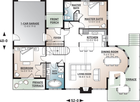1st level - Cottage style house plan with 2+ bedrooms, great open layout, garage, cathedral ceiling - Rockspring 2