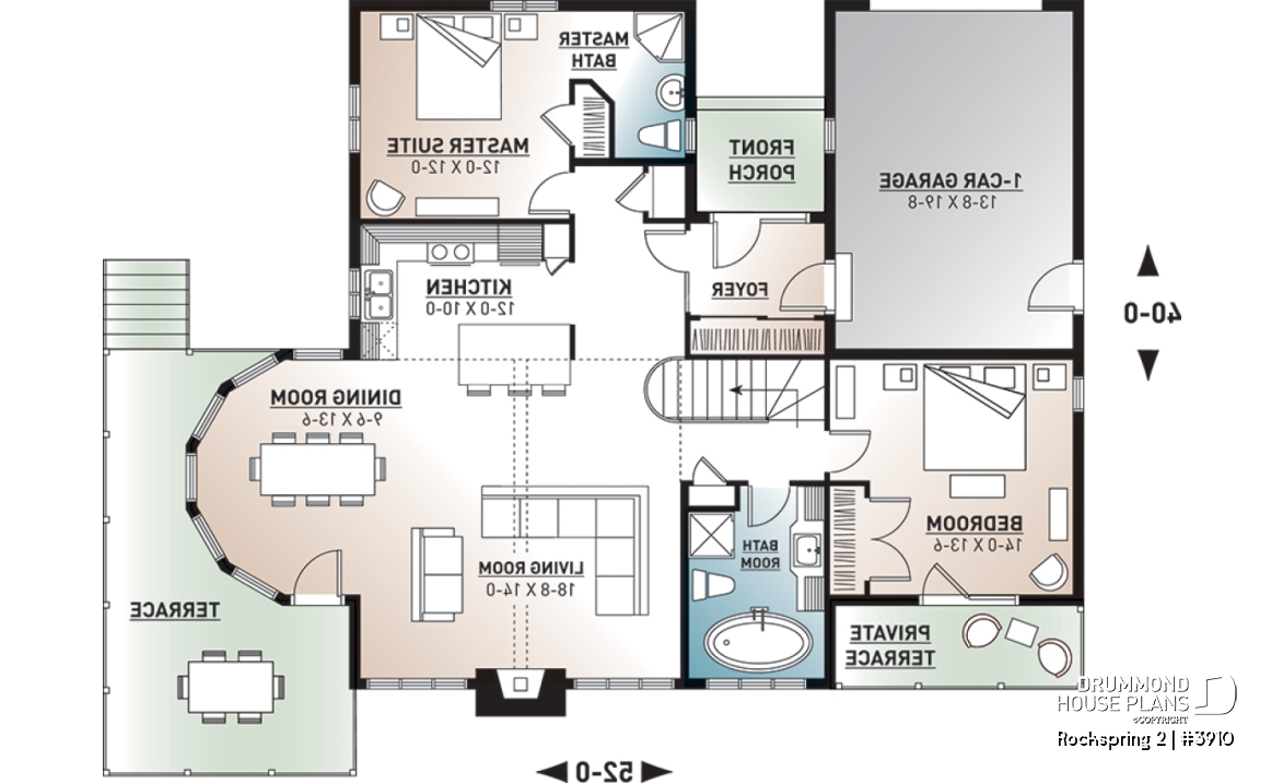 1st level - Cottage style house plan with 2+ bedrooms, great open layout, garage, cathedral ceiling - Rockspring 2