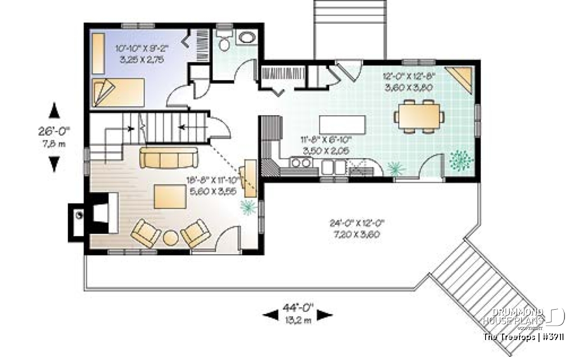 1st level - Beautiful panoramic view house plan with cathedral ceiling, fireplace, large deck, 3 bedrooms, large master - The Treetops