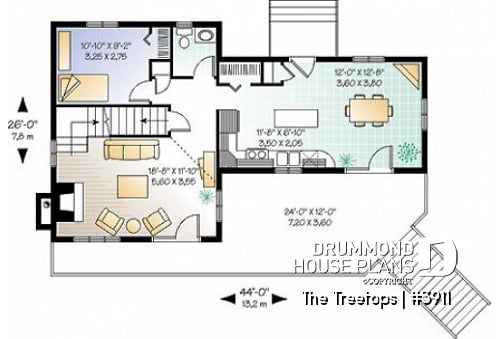 1st level - Beautiful panoramic view house plan with cathedral ceiling, fireplace, large deck, 3 bedrooms, large master - The Treetops