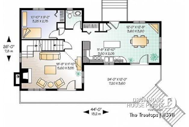 1st level - Beautiful panoramic view house plan with cathedral ceiling, fireplace, large deck, 3 bedrooms, large master - The Treetops