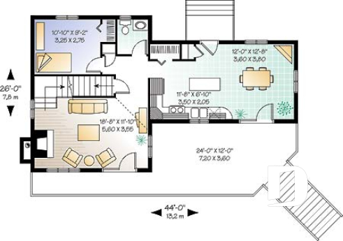 1st level - Beautiful panoramic view house plan with cathedral ceiling, fireplace, large deck, 3 bedrooms, large master - The Treetops
