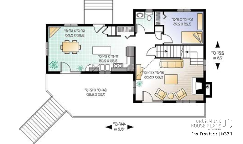 1st level - Beautiful panoramic view house plan with cathedral ceiling, fireplace, large deck, 3 bedrooms, large master - The Treetops