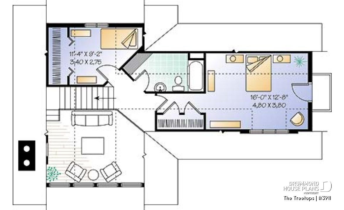 2nd level - Beautiful panoramic view house plan with cathedral ceiling, fireplace, large deck, 3 bedrooms, large master - The Treetops