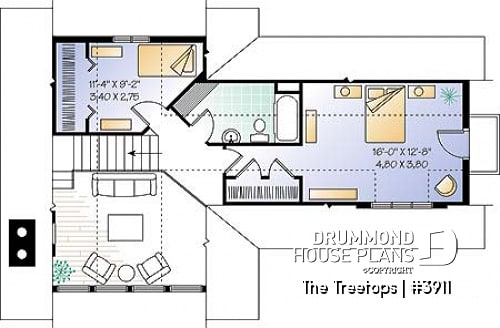 2nd level - Beautiful panoramic view house plan with cathedral ceiling, fireplace, large deck, 3 bedrooms, large master - The Treetops