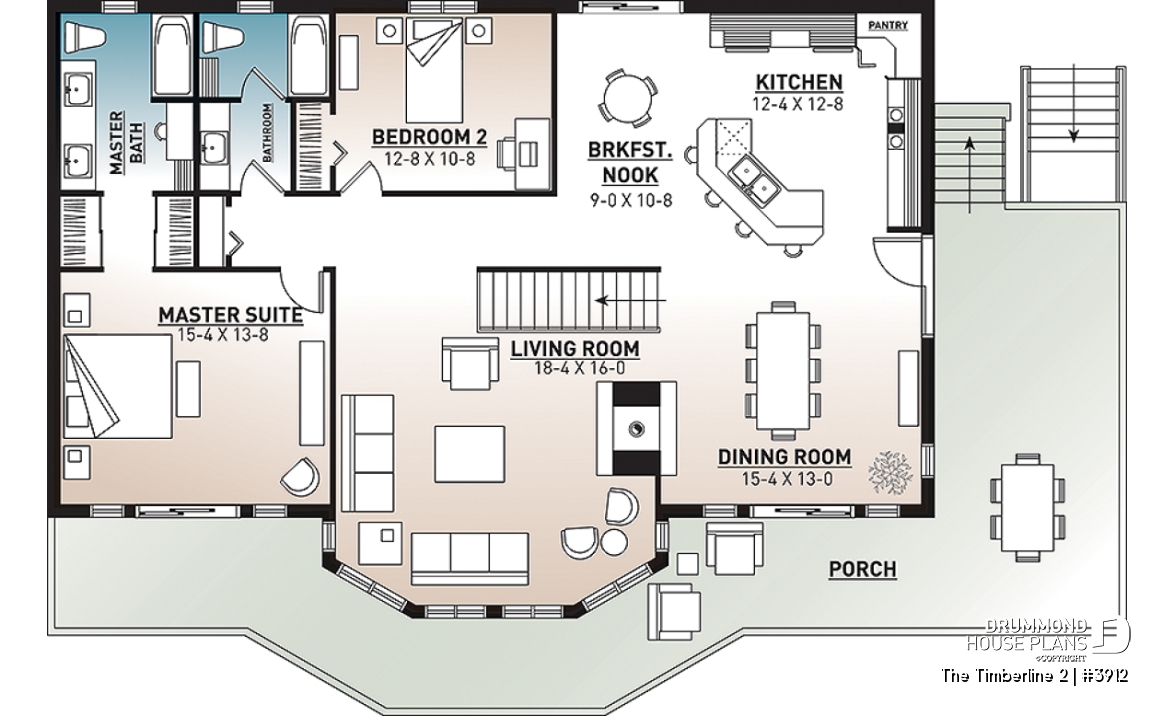 1st level - Stunning 4 beds 3 baths lake / mountain house plan, 2 fireplaces, open concept, 2-car garage, x-large deck - The Timberline 2