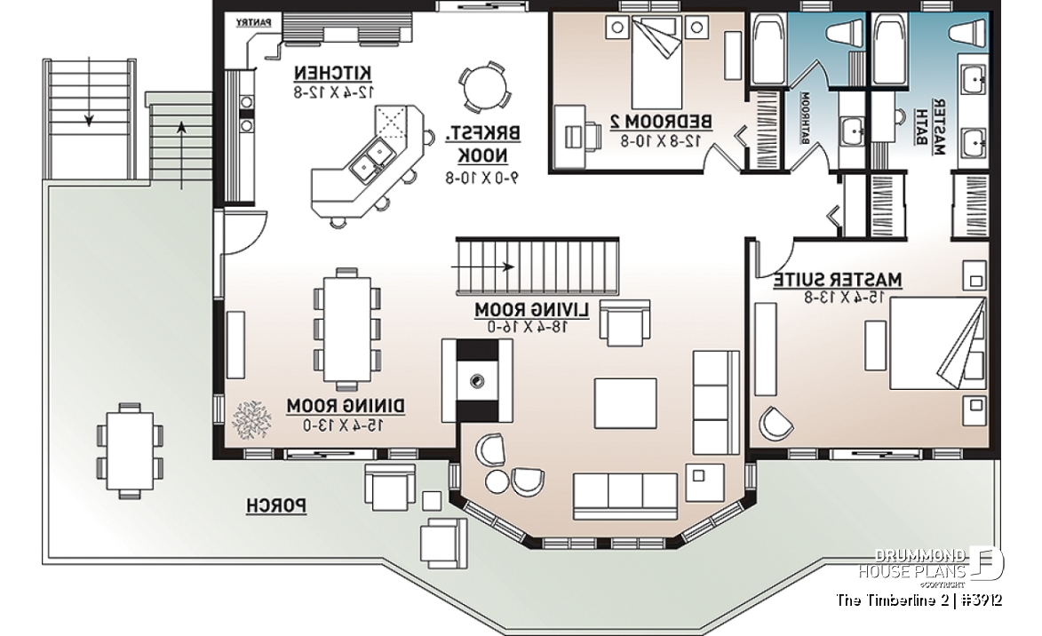 1st level - Stunning 4 beds 3 baths lake / mountain house plan, 2 fireplaces, open concept, 2-car garage, x-large deck - The Timberline 2
